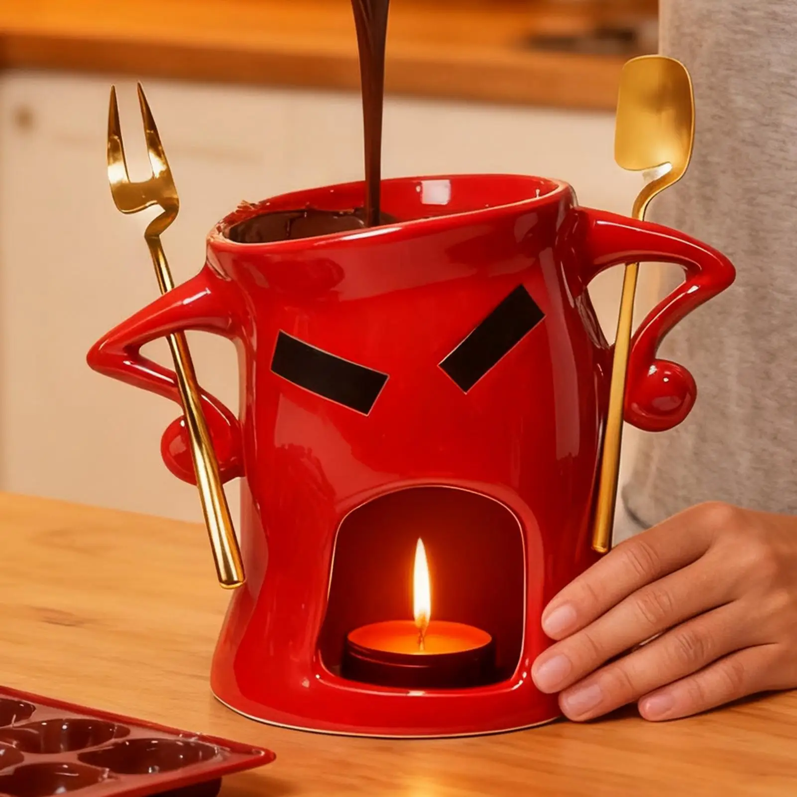 Taza para Fondue de Chocolate, Taza de cerámica para derretir queso, vela para Fondue de Chocolate, calefacción de cera con tenedor, cuchara para galletas y fresas