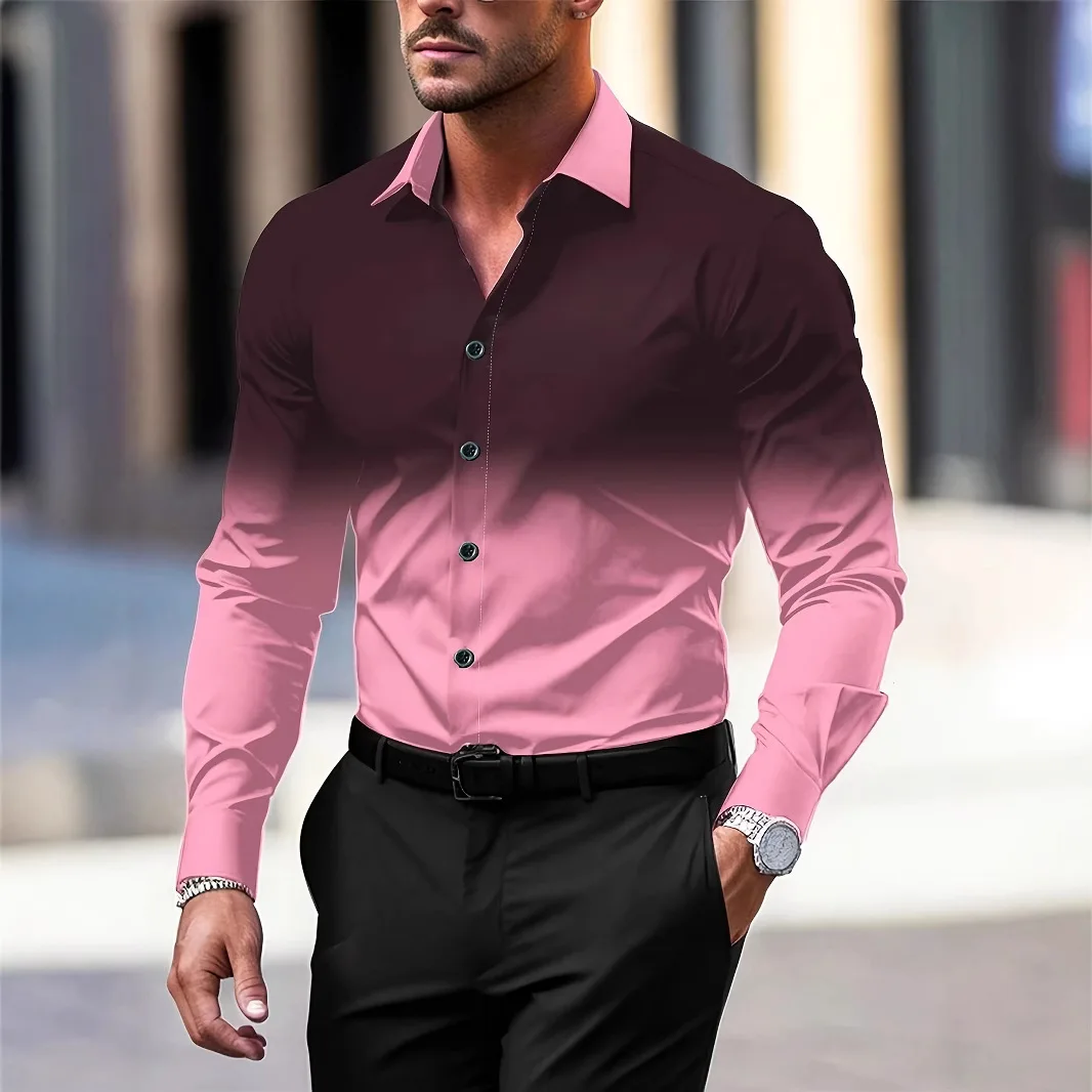 Men's Color Gradient Contrast Color 3D Printed Shirt Men's Lapel Long Sleeve Business Formal Clothing Casual Outdoor Vacation