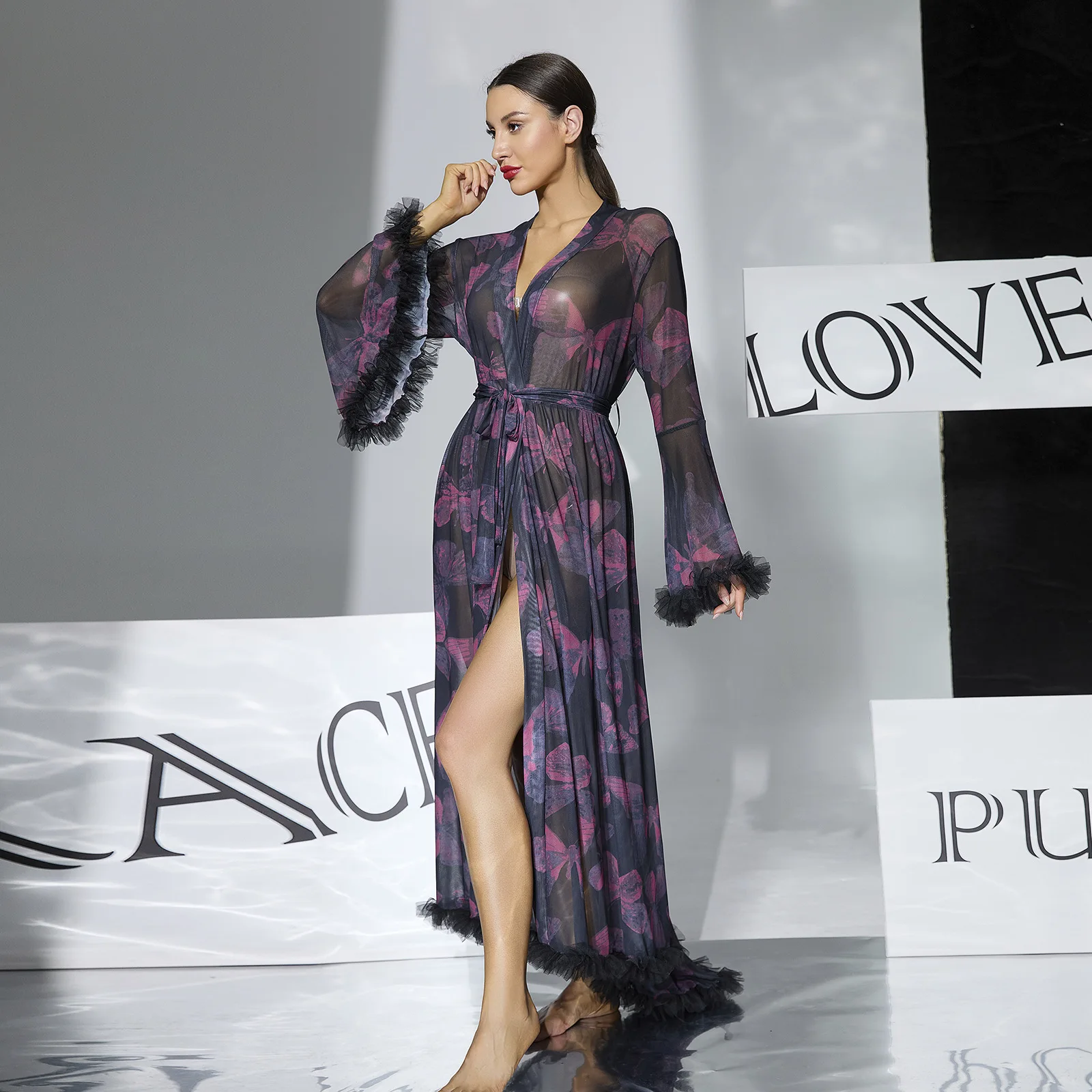 Big Horn Sleeve Butterfly Print Mesh Nightgown with Tassel Rough Edge High Split Bathrobe Loungewear 1119CW75524