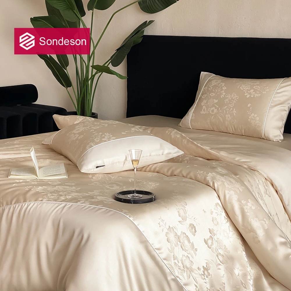 Sondeson 100% Mulberry Silk Jacquard Bedding Set Champagne Duvet Cover Pillowcase Ultra Soft Breathable Bed Linen Queen King