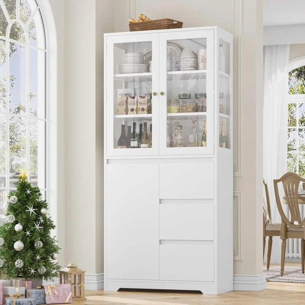 خزانة كتب كبيرة مقاس 71 بوصة مع خزانة عرض زجاجية وأرفف كتب واسعة من 3 طبقات، ورف كتب طويل مع 3 أدراج تخزين، وكابينة صينية #3