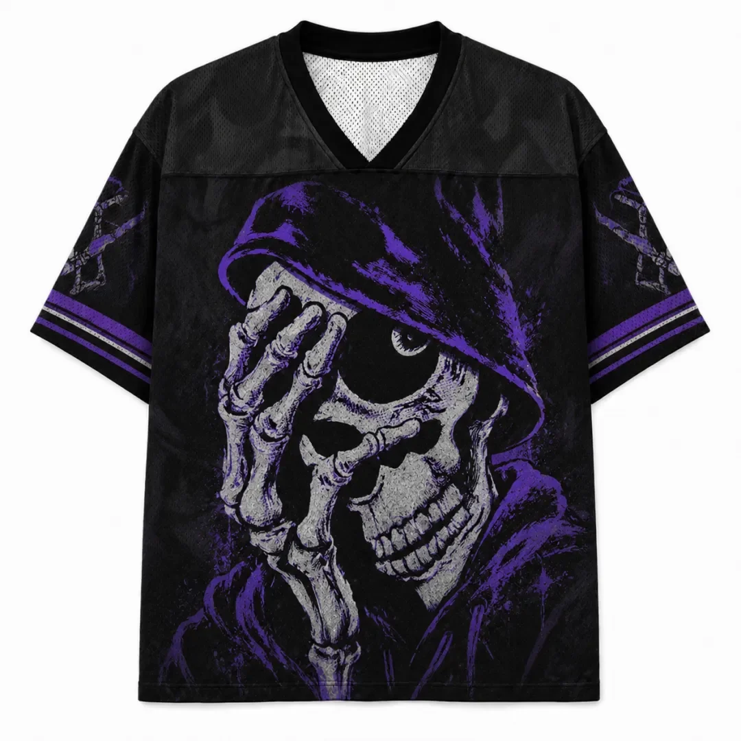 Gothic Hooded Reaper Skeleton Hand-painted Full Print Purple Dark Punk Horror Style Breathable Mesh Loose T-shirt