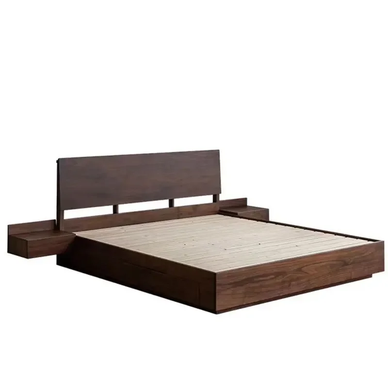 

Nordic black walnut drawer air pressure storage high box bed master bedroom tatami double one-piece solid wood bed Japanese