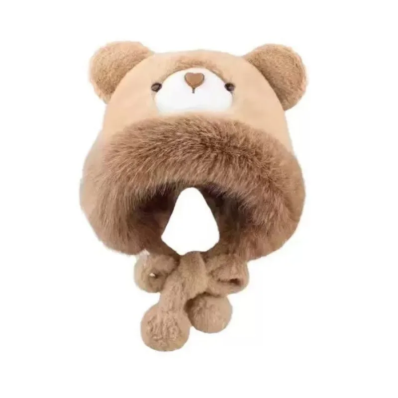 Winter Cartoon Bear Ear Trapper Hat, Fluffy Plush Face Slimming Earflap Pull-On Cap,Outdoor Warm Ski Beanie with Ear Protection