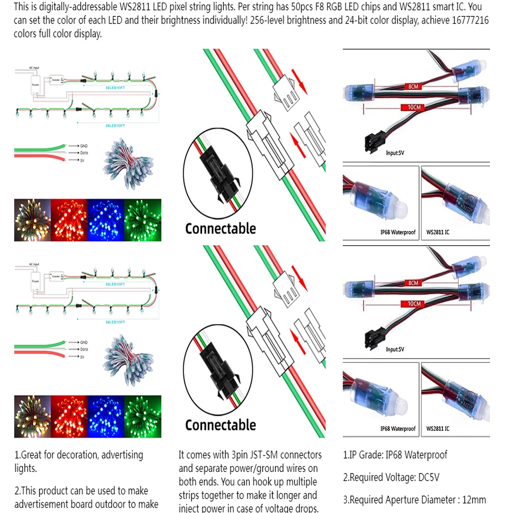 50szt DC 5V 12V WS2811 Pełnokolorowy moduł światła pikselowego LED 12mm 10cm Przewody IP68 Wodoodporne kolorowe cyfrowe struny LED RGB