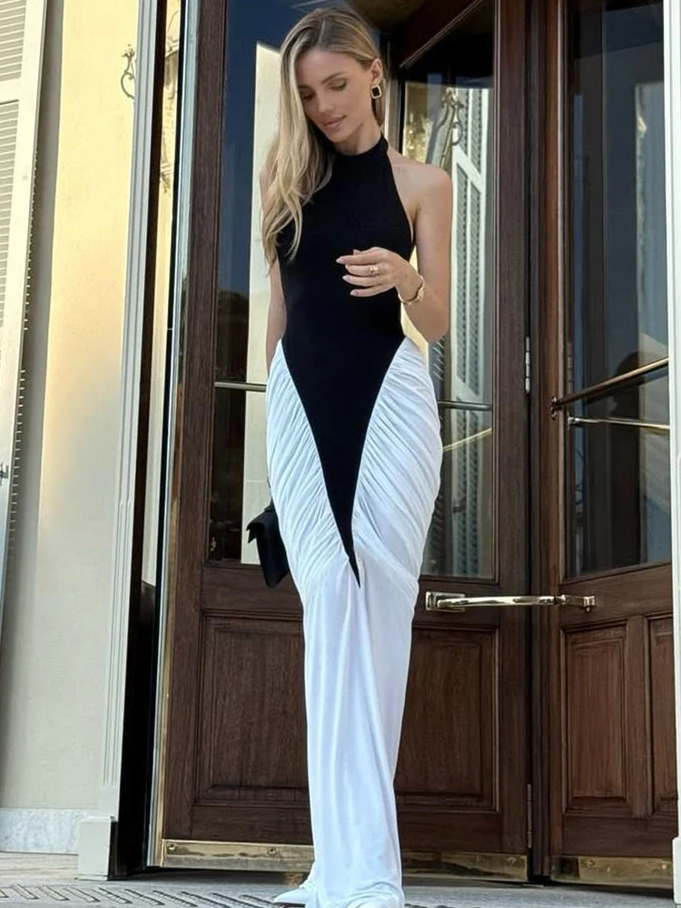 Sisterlinda Halter Patchwork Kleider High Street Elegante Raffen Rückenfreie Ärmellose Gerade Maxi Bodycon Mujer Bankett Kleid