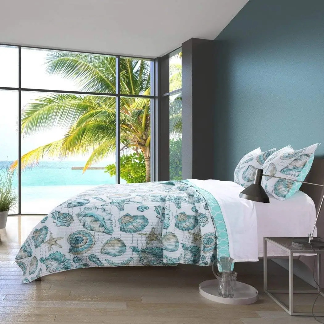 Bedding Seashells Dreamy Poetic Phrases Seaside Fishnet Pattern Nature Nautical Star Fish Coral Lake House Cottage, Polyester