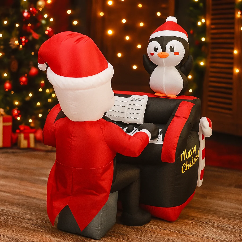 4.9FT Christmas Inflatable Decorations Toy Santa Penguin Playing Piano LED Holiday Gift Festive Supply Xmas Ornament Home Decor