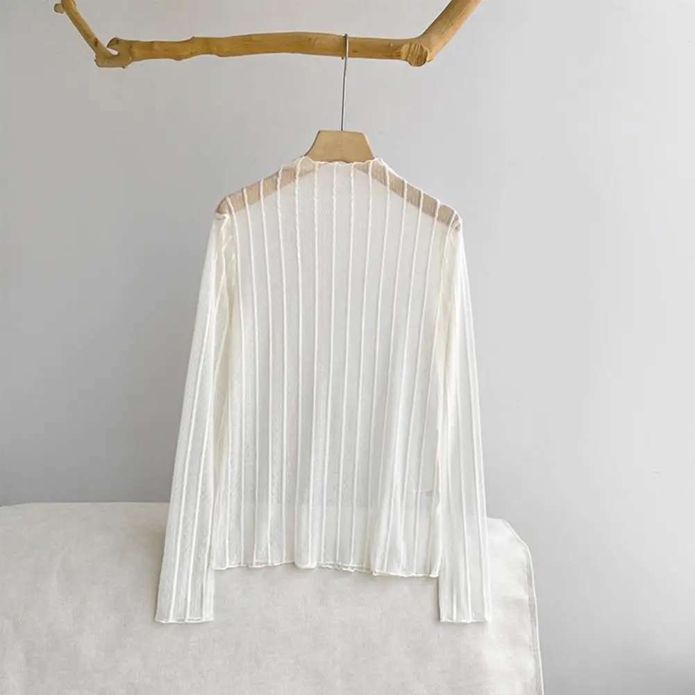 Прозрачная футболка с марлевым низом, женская одежда, летняя футболка с длинными рукавами и марлевой рубашкой, солнцезащитный крем с половиной высокого воротника 2025