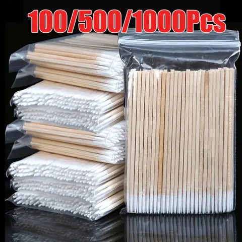 1000/500/100Pcs 미니 오렌지 나무 손잡이 면봉 고품질 청소 귀 눈썹 입술 면화 1 * 가방 지적 면봉