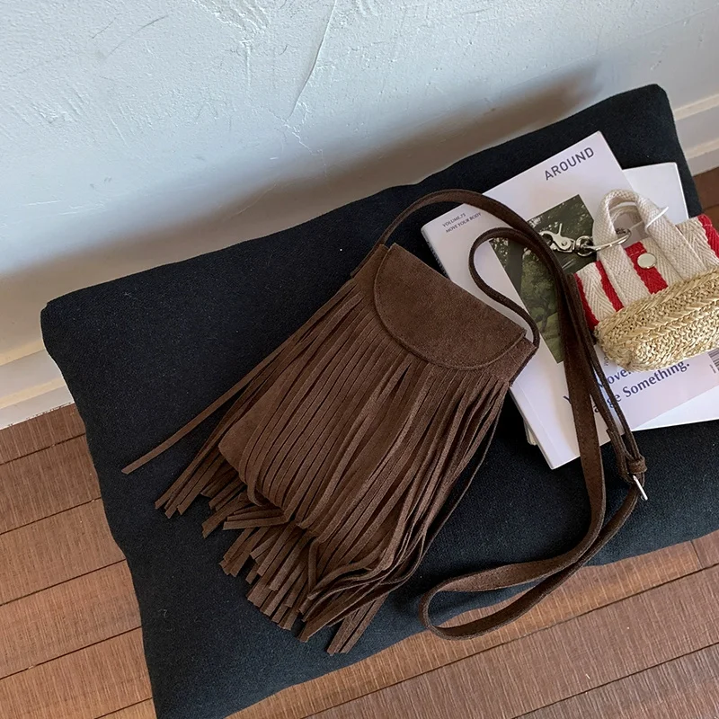 Мини-сумки в стиле Wasteland для женщин, новинка 2025, цвет Майяра, коричневый, богемный, в стиле ретро, сумки с кисточками, искусственная сумка через плечо, седло Bolsas