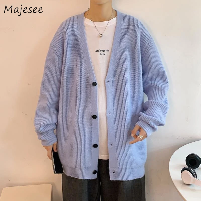 Sweater Cardigan Men V-neck Harajuku Baggy Clothing Winter All-match Japanese Kpop Stylish College Simply Solid Knit Streetwear