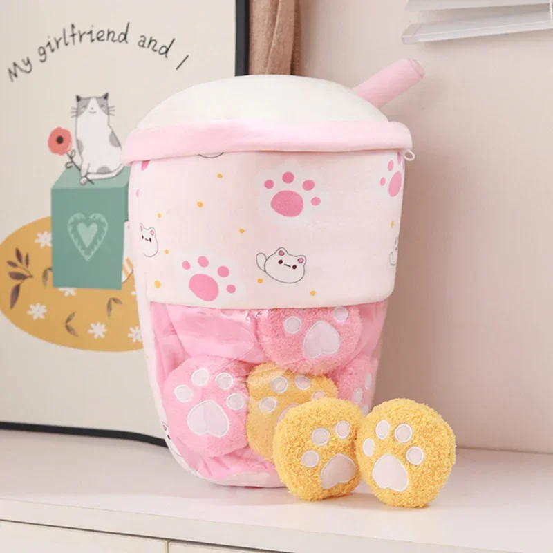 30x40cm Bubble Tea Pluche Kussen Gevuld Piepend Mini Dierenballen Parels Roze Kat & Beerpoten Snack Puddingzak Voedsel Plushie