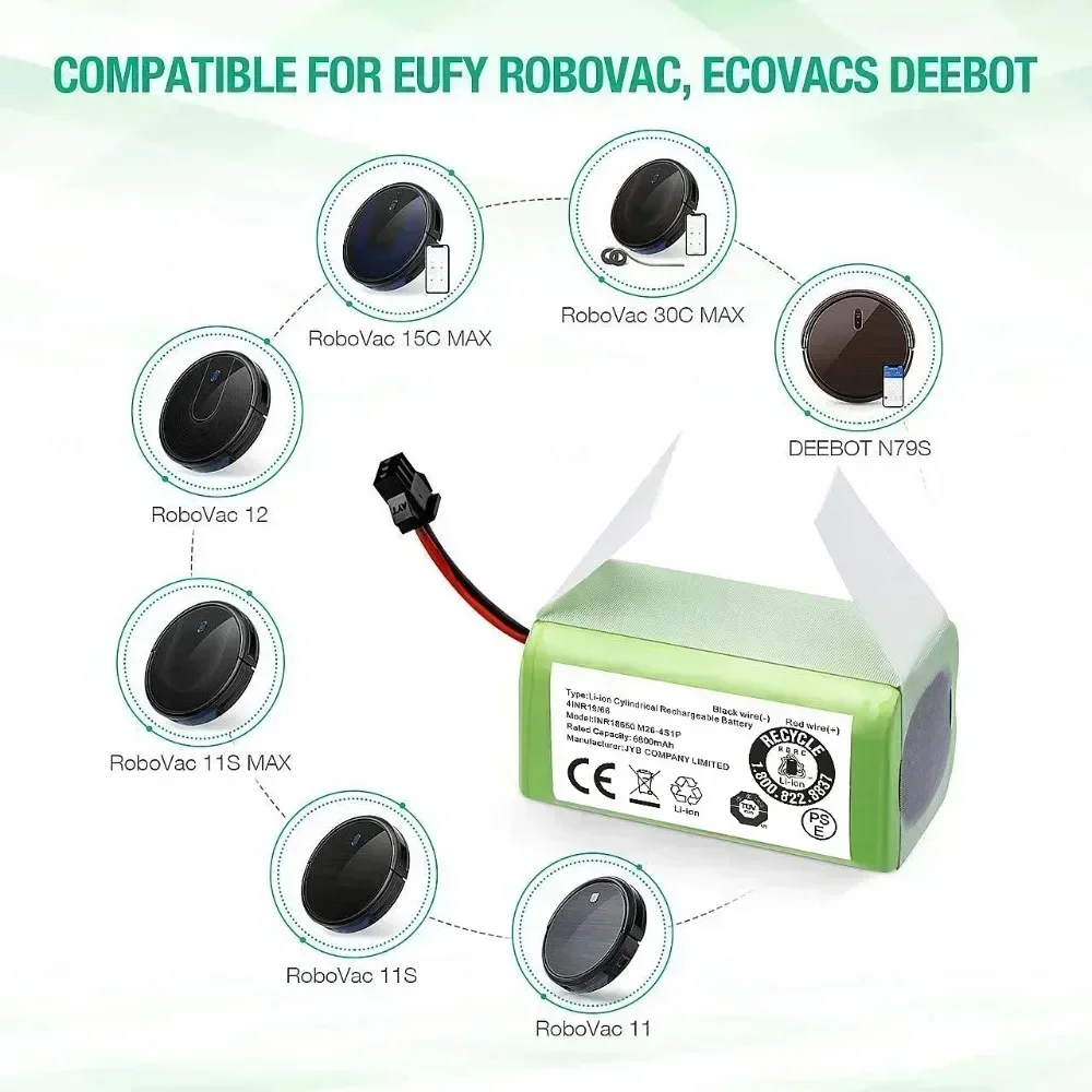 بطارية ليثيوم أيون 14.4 فولت 6800 مللي أمبير في الساعة لـ Conga 990 لـ 1090 Tesvor X500 Ecovacs Deebot N79 N79S DN622 Eufy RoboVac 11 11S RoboVac 30