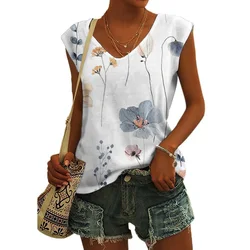 Summer Beach V Neck T-shirts Classic Floral Printed Sleeveless Basic Tank Tops Trendy Streetwear Tees Daily Clothes For Ladies