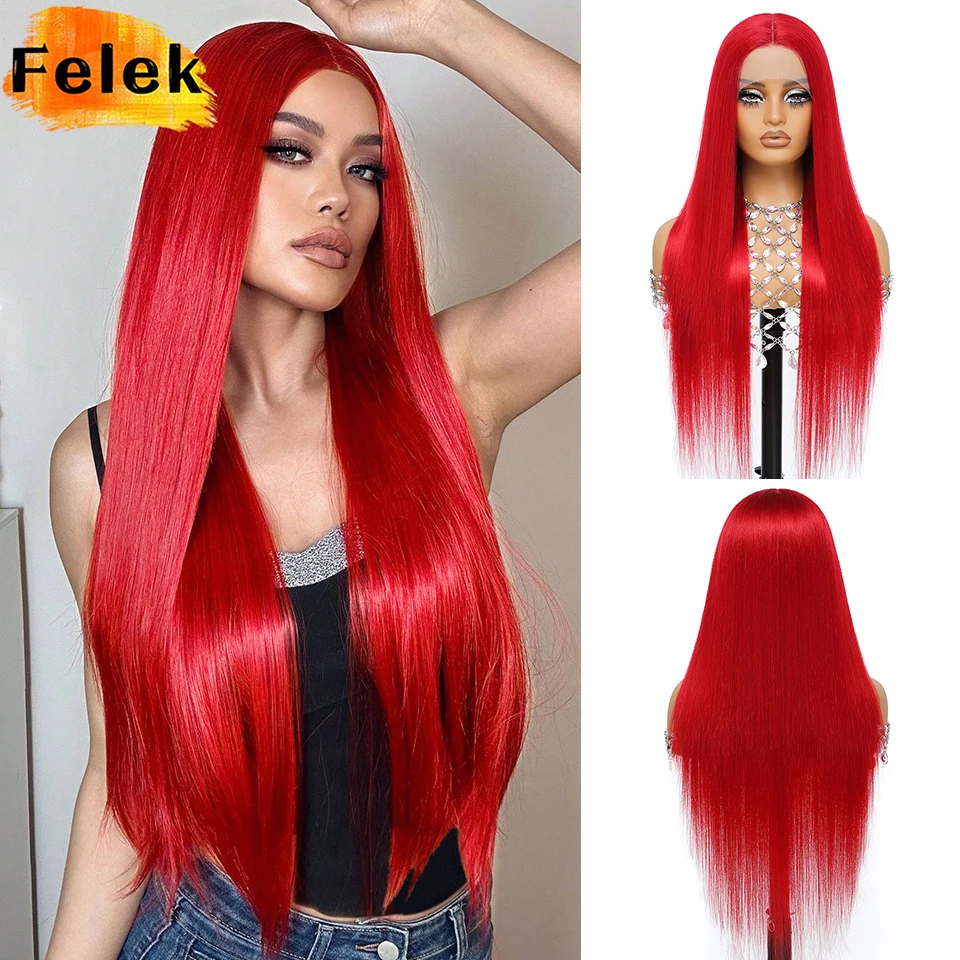 

Red T Part Lace Wigs Synthetic 30 Inch Straight Lace Front Wigs Heat Resistant Fiber Glueless Pre-Plucked Natural Hairline Wigs