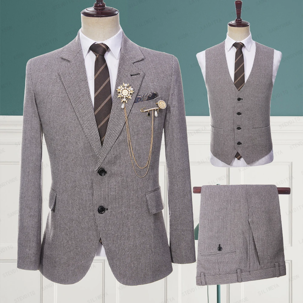 2023 New Men's High Quality Business Linen Suits Brown White Herringbone Wedding Groom Dress Tuxedo 3 Pcs Set（Jacket+Vest+Pants）