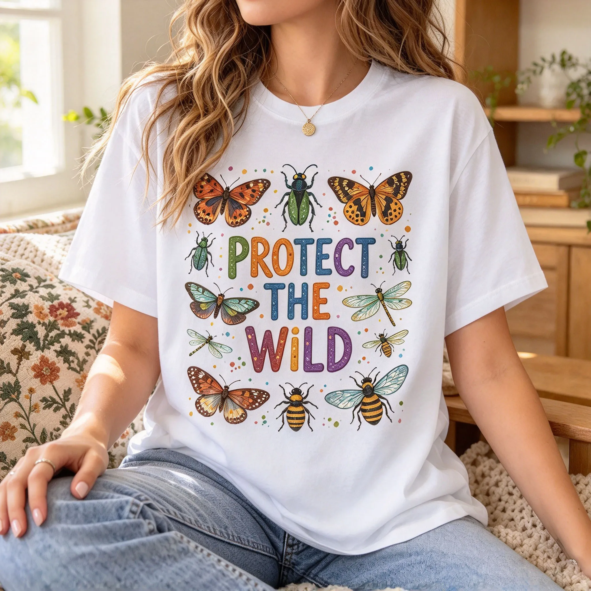 Protect The Wild Print T Shirt Unisex Colorful Bug Bee Dragonfly Art Nature Streetwear Tops