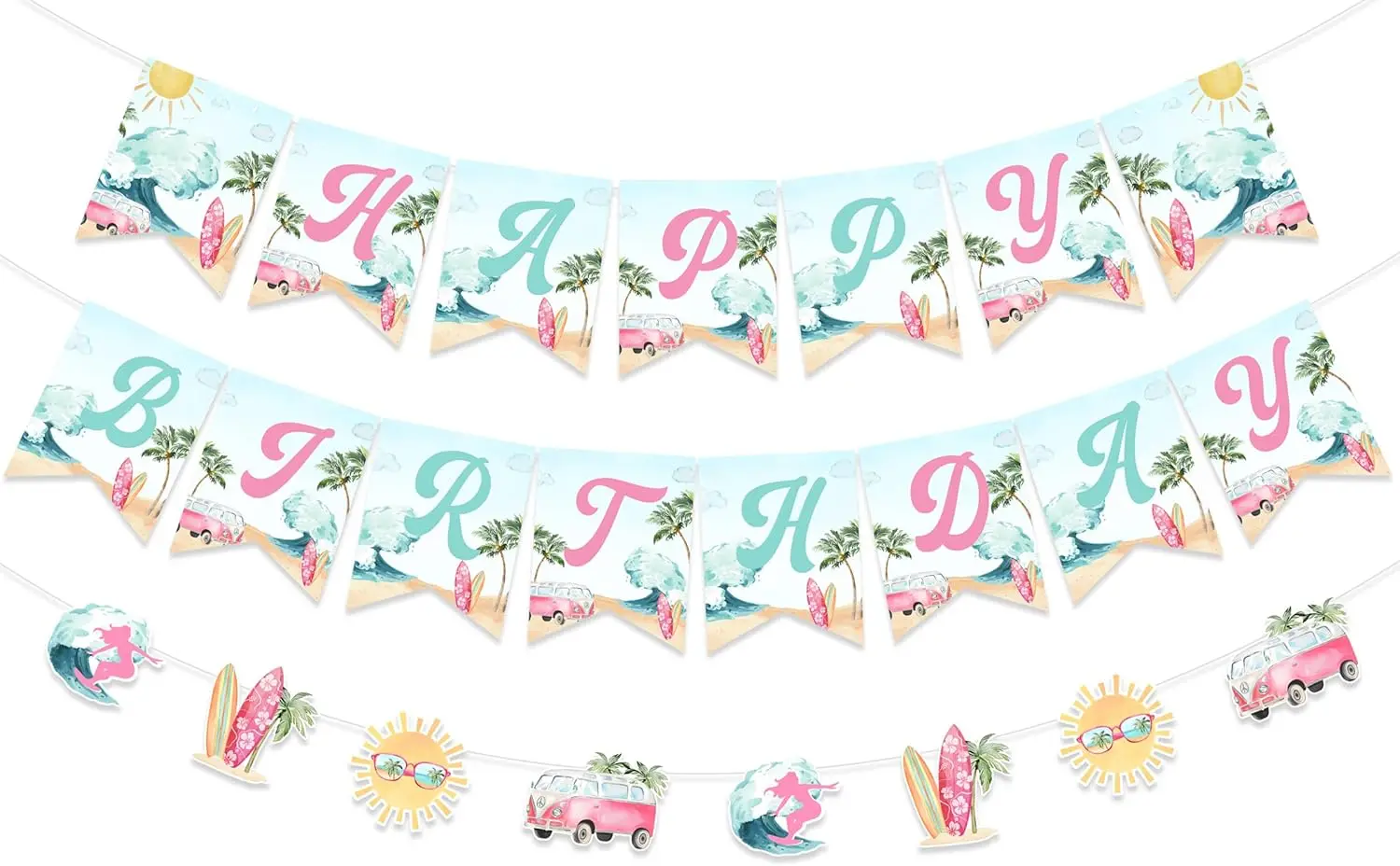 

Surf Happy Birthday Banner with Garland Surfing Themed Birthday Party Decor for Girls Summer Beach Surf Birthday Party Supplies