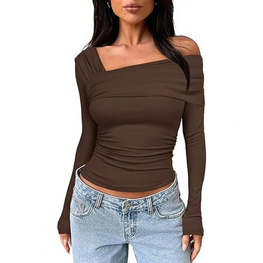 Fashion Blouse Women Tops Off Shoulder Ruched Long Sleeve Top Classy Commuting Style Slim Fit Elegant Shirt Women 2023