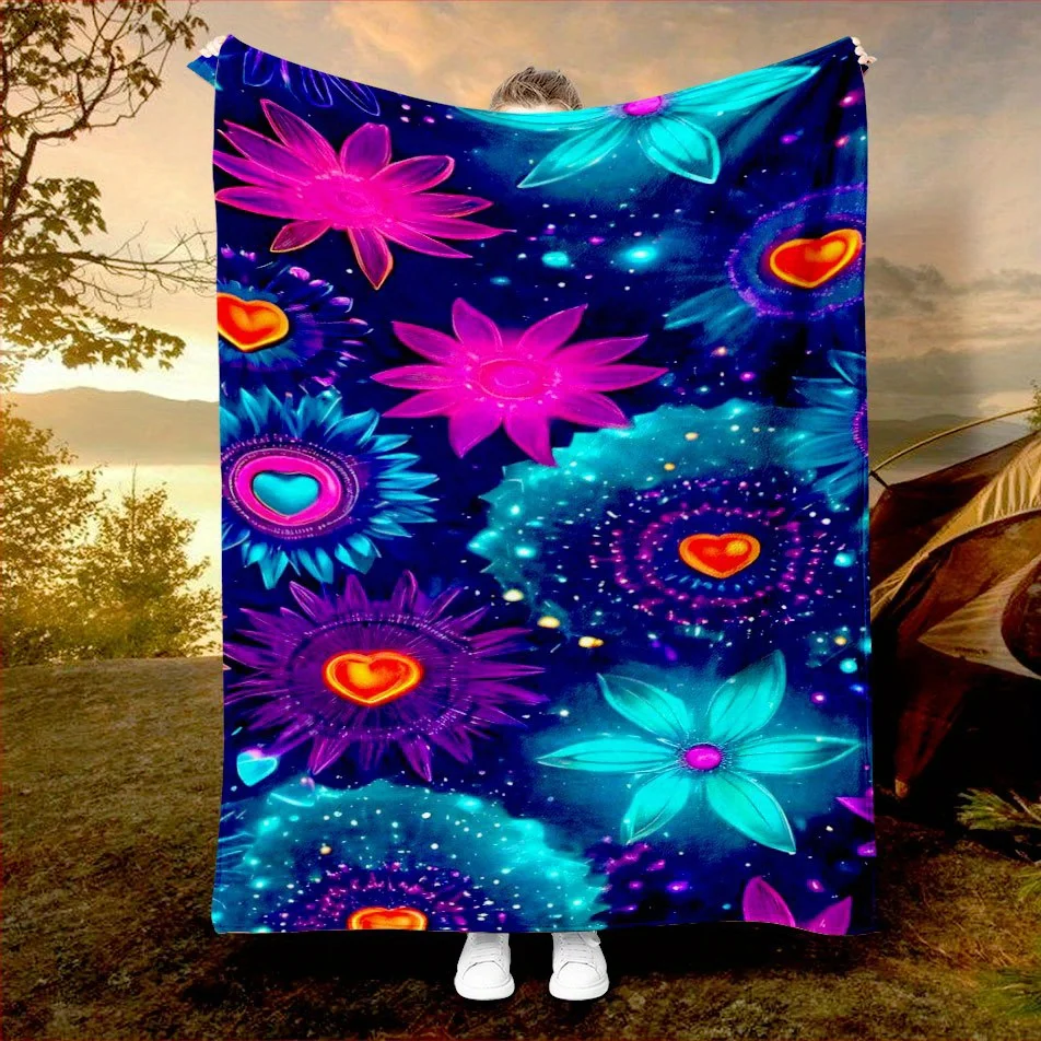 Rainbow Floral Garden Blanket Reversible Flannel Throw for Bohemian Style AllSeason Comfort Blossom Beauty Gift