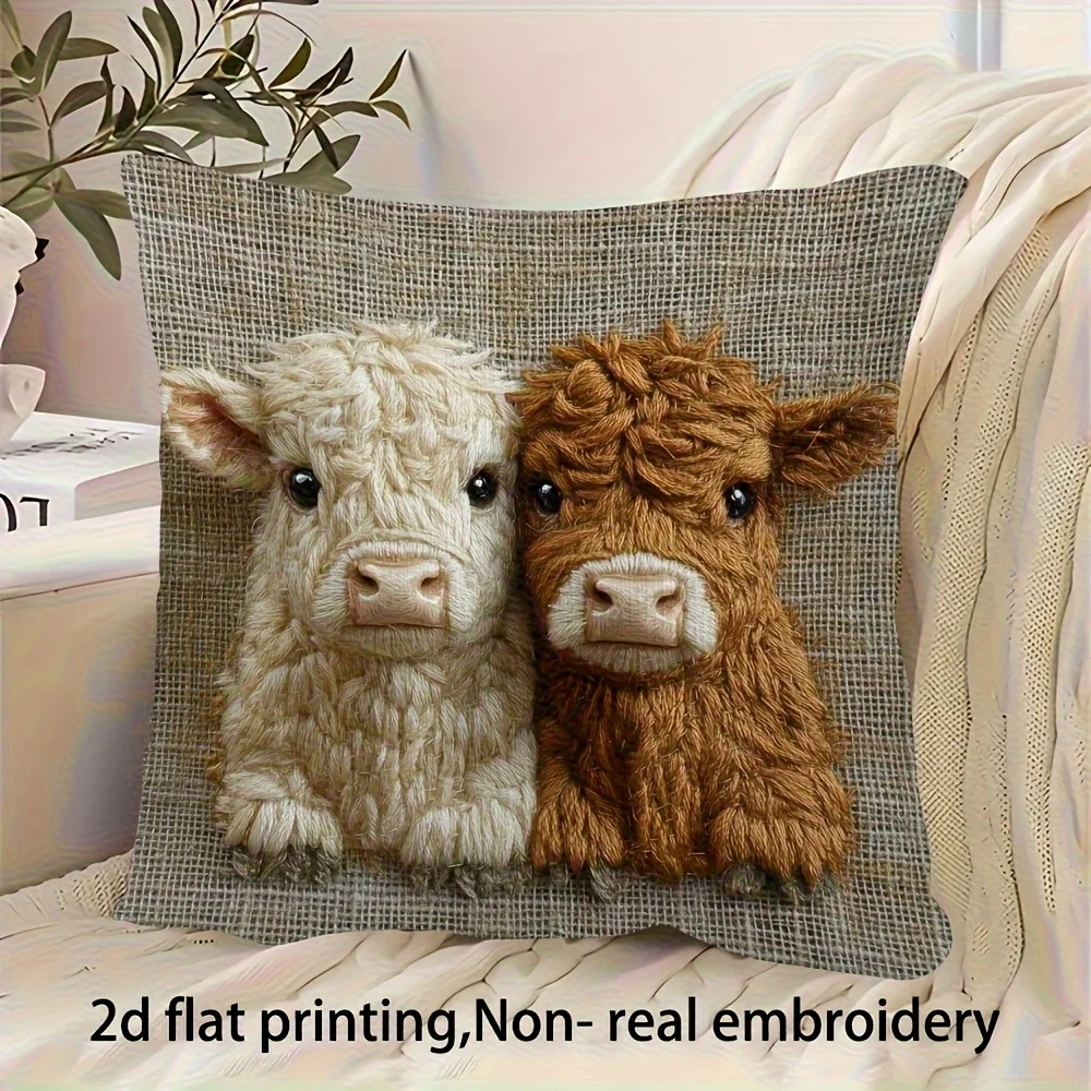 

1pc 2D flat Highland cow pillowcase, abstract farm print, Nordic style living room and bedroom decoration, without inner core