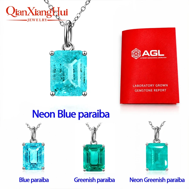 8*10mm Emerald Rectangle Shape Lab Grown YAG Neon Paraiba Blue and Green S925 Silver Pendant Jewelry Gift Necklace Datting