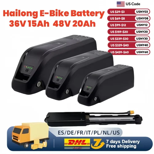 충전기 포함 Hailong Ebike 배터리, 강력한 18650 리튬 배터리 팩, 36V, 48V, 52V, 10Ah, 15Ah, 20Ah, 무료 배송
