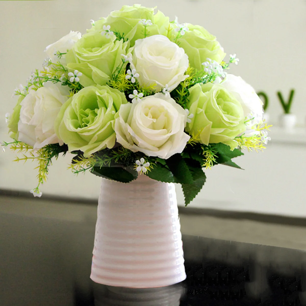 

10Pcs Silk Artificial Rose Flowers Vibrant Natural Touch Bouquet Decor Wedding Birthday Party Home Office White Light Green