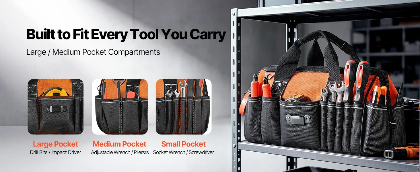 SucceBuy 15.7in Tool Bag with 33 Pockets, Portable Organizer with Soft Handle, Large Zipper&Adjustable Shoulder Strap for Tools