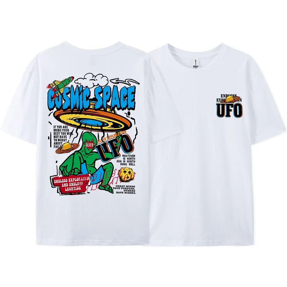 

Cosmic Space Ufo Aliens Fun Pattern Printed Men's Top Fashion Trend Street T-shirt Summer Casual Pure Cotton Loose T-shirt