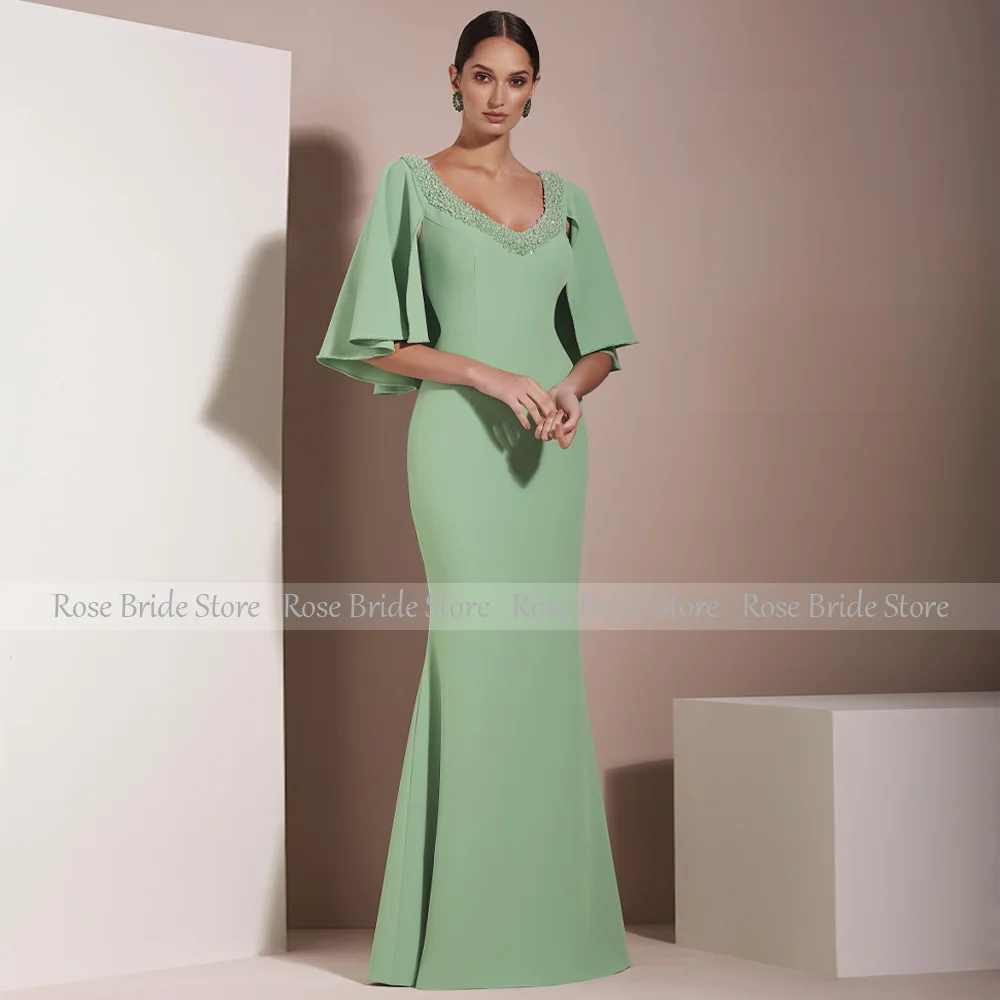 Elegant Mother of the Bride Dress Mermaid Beading V Neck Mint Wedding Guest Gown for Woman Half Sleeve Trumpet Formal Party