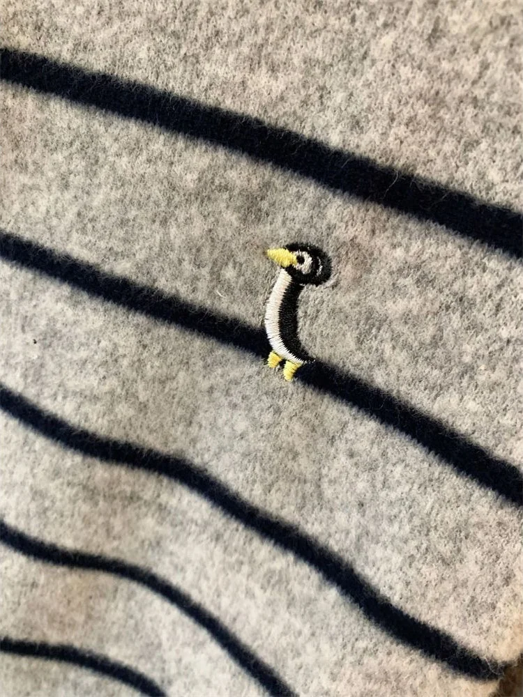 Extra groot 300-Pou geborduurd Penguin Brued herfst winter gestreept los dames lang Sve rond Ne T-shirt casual...