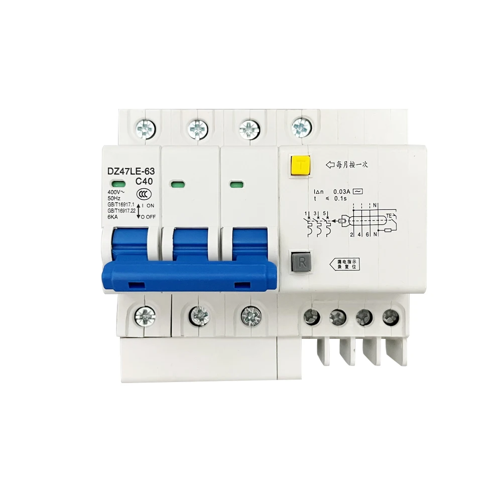 DZ47LE-63 Type B 40A AC Circuit Breaker 3P Overload Short Circuit Protection 30mA Residual Current Circuit Breaker Switch RCCB