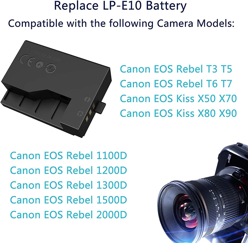 ACK-E10 USB Power Cord DR-E10 Dummy Battery Kit for Canon EOS Rebel T7 T6 T5 T3 1100D 1300D 1500D 2000D Kiss X50 X70 X80 X90 Cam