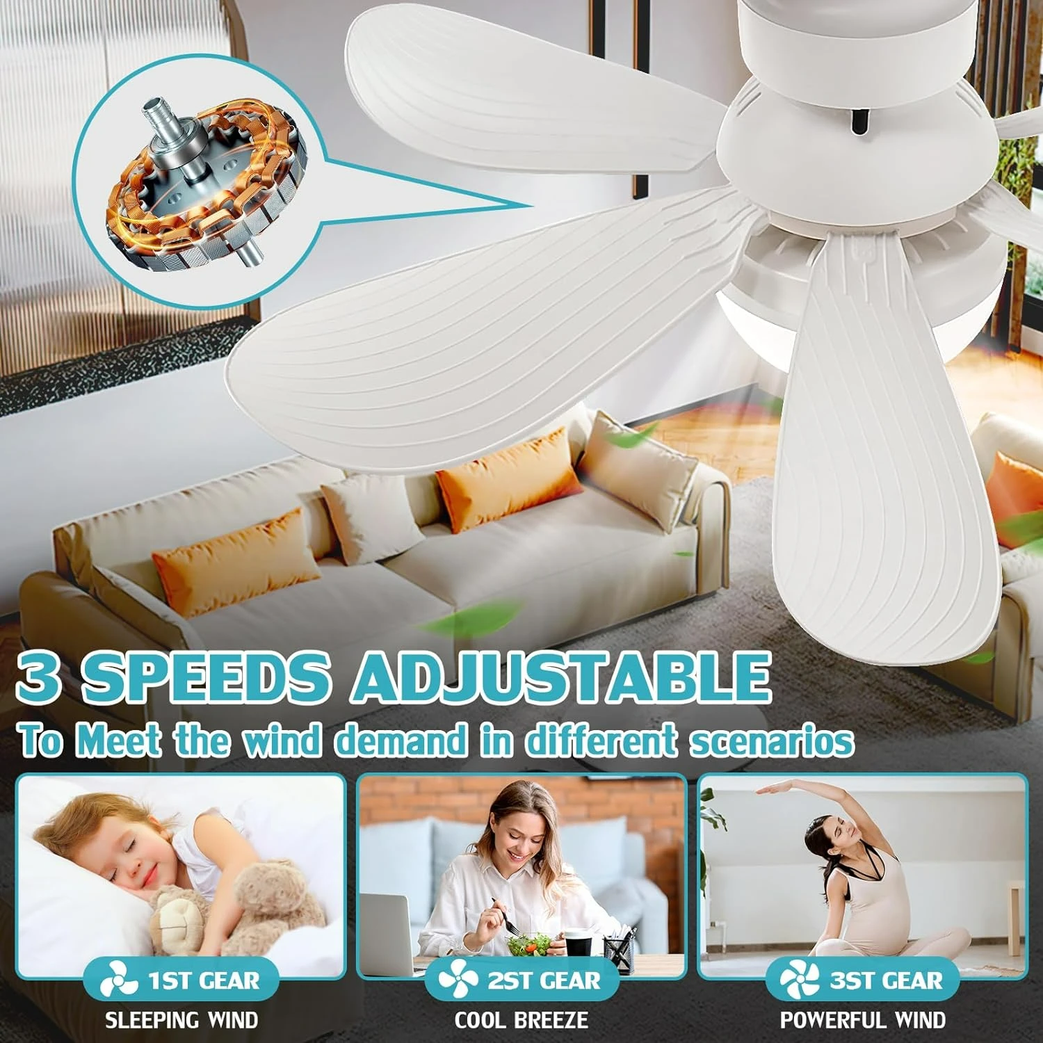 Универсальный и удобный регулируемый потолочный вентилятор с небольшой розеткой и дистанционным управлением, идеально подходит для ванной комнаты, кухни и небольшого R