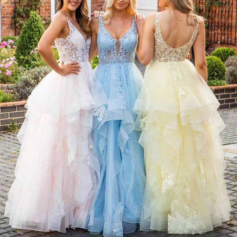 

Fluffy Long Tulle Prom Dresses Ruffle Layered Princess Ball Gowns with Laces Applique Formal Evening Dress Manmuxi