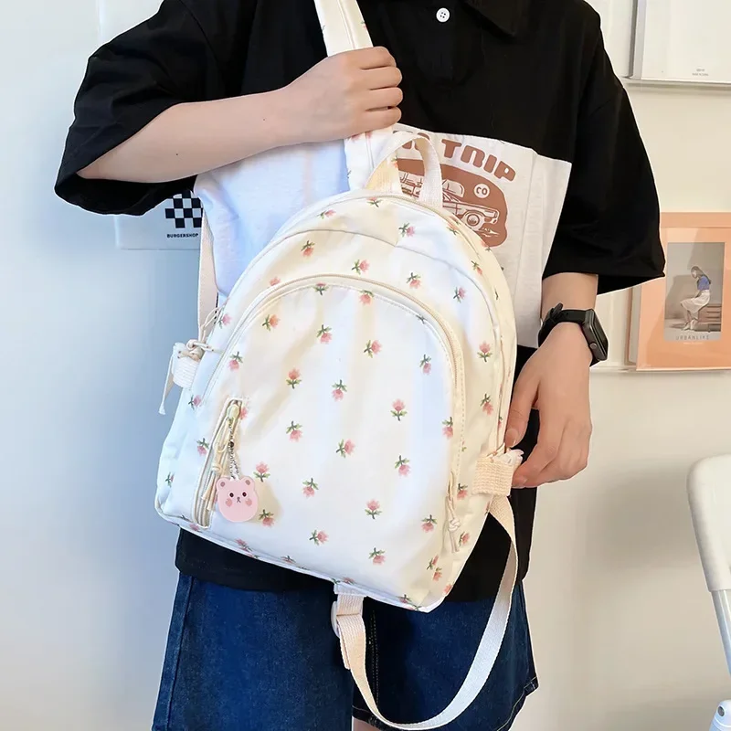 Japanese Style Mini Backpack With Fresh Floral Print Students Backpack Simple Schoolbags For Girls Lightweight Nylon Travel Bag