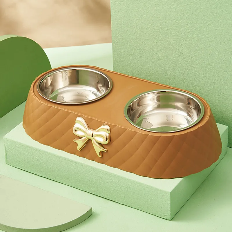 Pet Supplies Bow-tie Bowknot Cats Food Bowl Dog Bowl Stainless Steel Double Pet Accessories Feeding Drinking Double Bowl