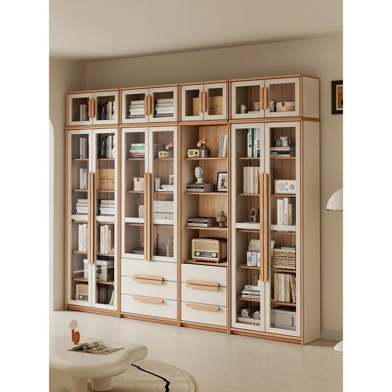 

Комбинированный книжный шкаф кремового цвета, гостиная от пола до потолка из цельного дерева, многослойная книжная полка с бытовой витриной от хранения.
