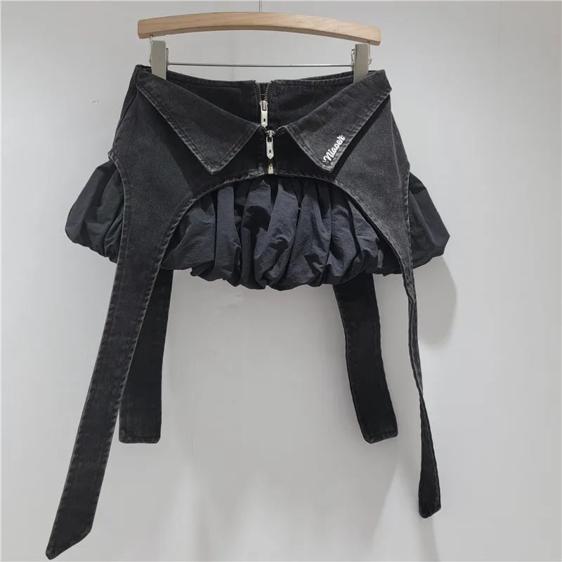 Fake Two-piece Design Denim Splicing A-line Skirt Female Fashion Street Hottie Puffy Short Skirt
