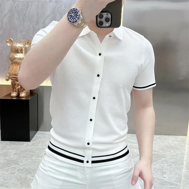 Summer Short Sleeve Lapel T-shirts Men Casual Business Knitted Cardigan Versatile Comfortable Tee Tops Ice Silk Polo Shirts