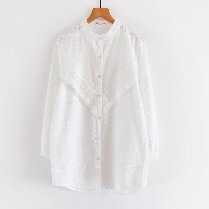 

Ele Свободное кружево с вышивкой, украшенное белым утюгом Fairy Sle, воротник-стойка, длинный свек, хлопок, ветер, осенняя мода