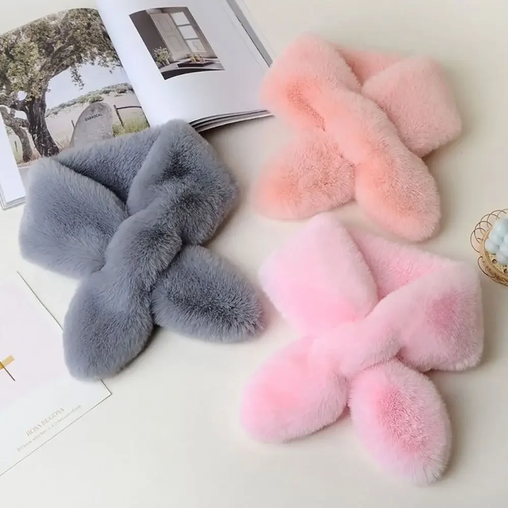 

Cute Solid Color Cross Scarf Faux Rabbit Fur Plush Thicken Neck Scarf Shawl Women