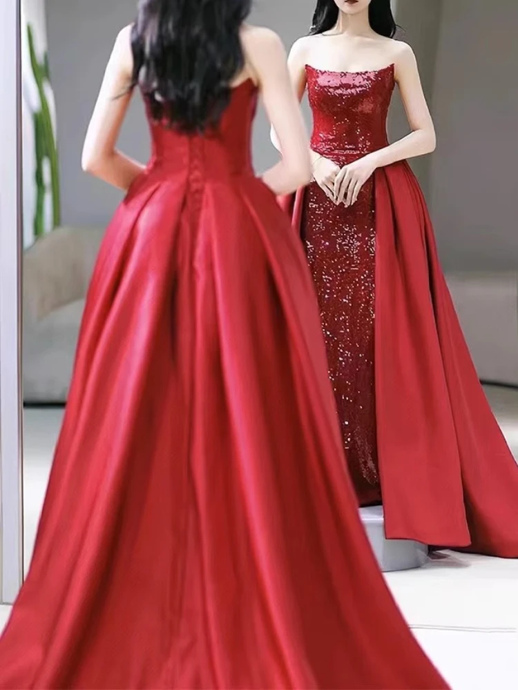 Customized Exquisite Strapless Luxury Shinny Slim Straps Vestidos Chic Spliced Satin Long Tail Formal Dresses Sexy Side High Spl