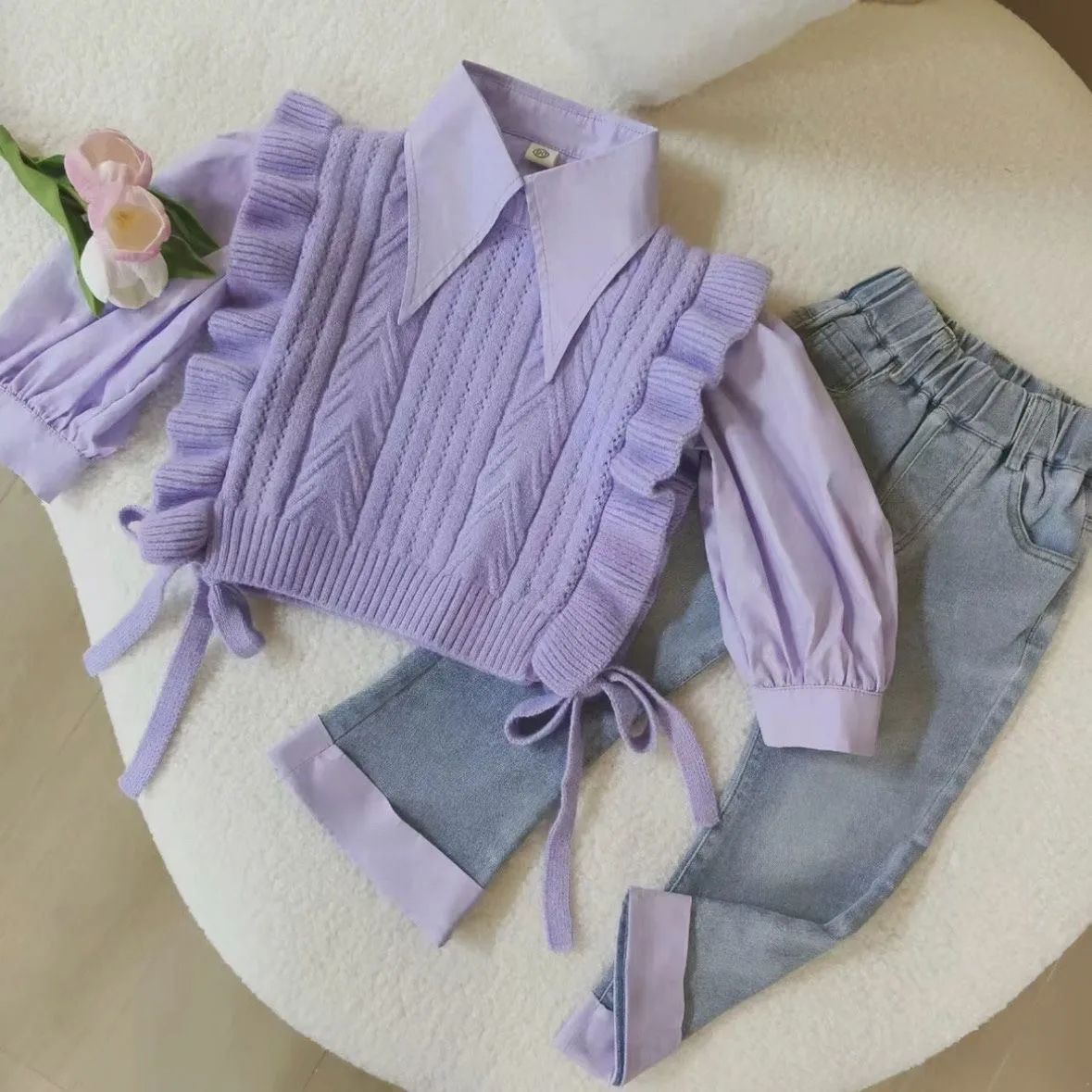 

Girls' Set Spring and Autumn Children's Western Style Shirt Knitted Vest Shirt Jeans 3-Piece Set