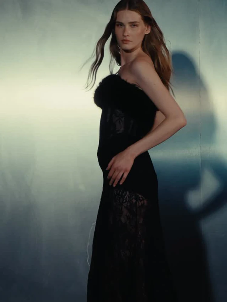 فستان طويل أنيق من الدانتيل بدون حمالات باللون الأسود من VC مع حواف من الريش - فستان ماكسي شفاف مثير لحفلات الكوكتيل والمناسبات الرسمية