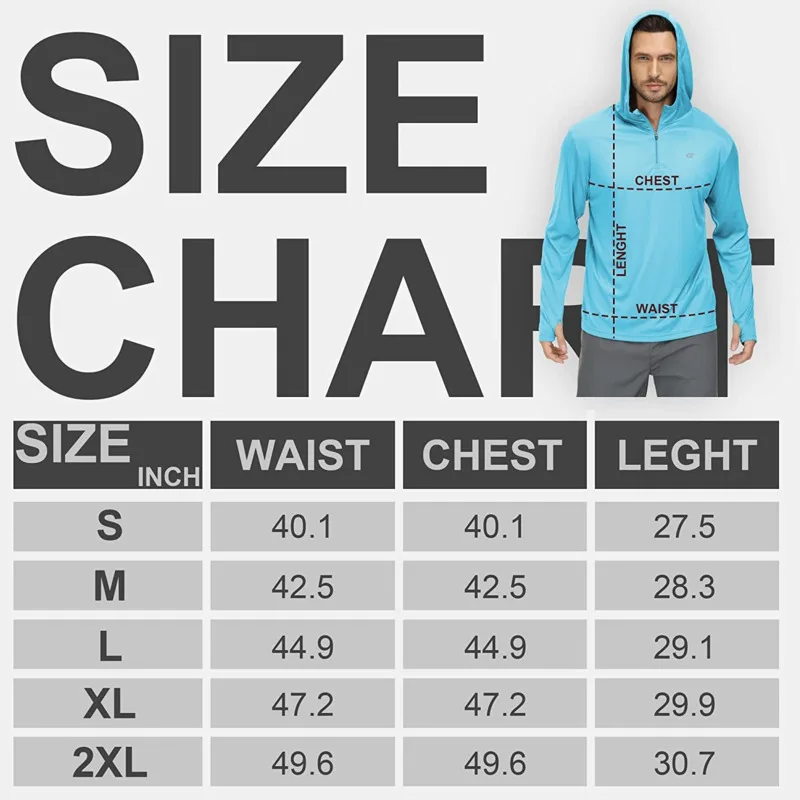 Mens UPF 50+ Long Sleeve T-Shirts Sun Protection Hooded Outdoor Fishing Hiking Quick Dry Lightweight Sunscreen Tops