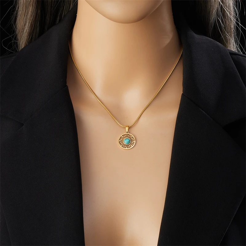 MEYRROYU 316L Stainless Steel Gold Color Necklace Ear Drop Set Round Sun Hollowing Out Pendant Jewelry Set for Women Girl