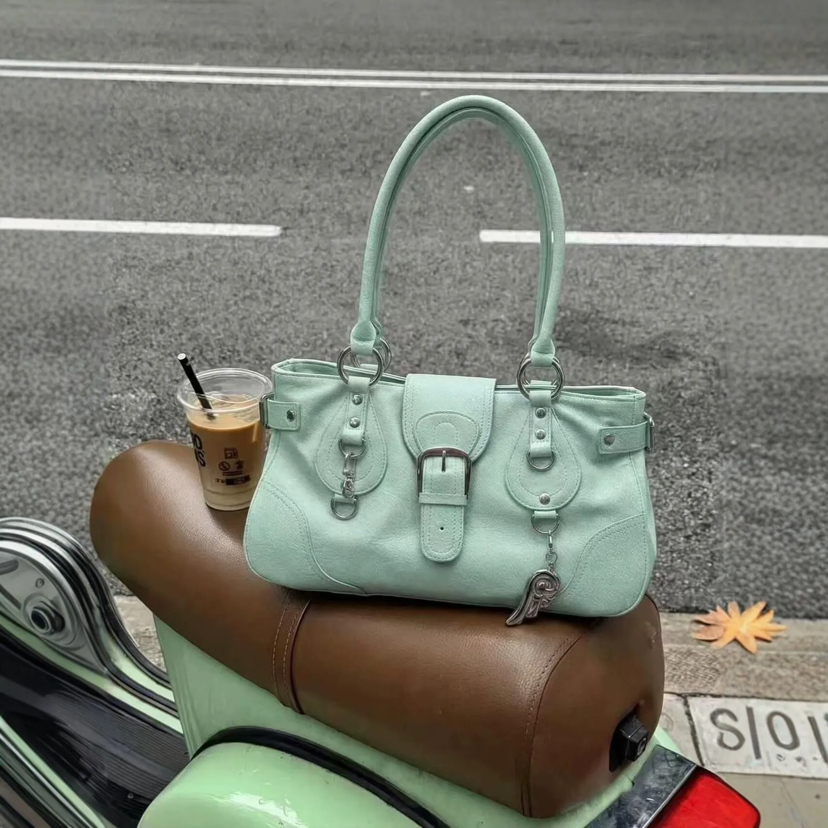 Korean Y2k Retro Pu Leather Large Capacity Handbag Mint Green Underarm Shoulder Bag Lipstick Wallet Storage Bags Woman Bag